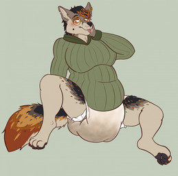 4_toes anthro big_diaper black_hair black_nose black_pawpads black_spots black_tail blush blush_lines brown_body brown_fur brown_spots brown_tail claws clothed clothing diaper digitigrade ear_piercing ear_ring eyewear feces feet female front_view fur glasses green_background green_clothing green_sweater green_topwear hair hand_on_face highlights_(coloring) looking_down markings mole_(marking) multicolored_body multicolored_fur multicolored_spots multicolored_tail notched_ear orange_body orange_claws orange_fur orange_highlights orange_spots orange_tail pawpads piercing ring_piercing round_glasses simple_background smile snaggle_tooth soiled_diaper soiling solo spots spotted_body spotted_fur spotted_markings spotted_tail sweater tail tail_markings tan_body tan_fur tan_inner_ear tan_tail toe_claws toes tongue tongue_out topwear unclean_diaper used_diaper wearing_diaper wearing_glasses whisker_spots yellow_eyewear yellow_glasses lalalapin bri_(kalash) canid canine canis coyote mammal 2023 full-length_portrait hi_res portrait