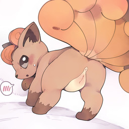 3_toes 6_tails anus black_eyes black_nose blush blush_lines bodily_fluids brown_body brown_ears brown_fur digitigrade embarrassed feet female female_feral feral fur genitals glistening glistening_eyes hair head_turned humanoid_genitalia humanoid_genitalia_on_feral humanoid_vulva humanoid_vulva_on_feral looking_back multi_tail multicolored_body multicolored_fur open_mouth orange_body orange_fur orange_hair orange_tail paws pointy_ears prick_ears quadruped rear_view solo speech_bubble standing sweat sweaty_face tail tan_body tan_fur toes vulva youjomodoki nintendo pokemon canid canine generation_1_pokemon mammal pokemon_(species) vulpix 1:1 2026 absurd_res hi_res