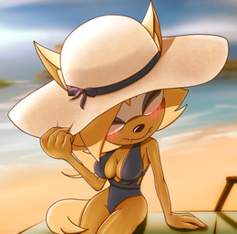 anthro beach beach_chair black_clothing black_swimwear blonde_hair blush breasts brown_body cleavage clothed clothing eyes_closed facial_markings fangs female hair hat head_markings headgear headwear markings mask_(marking) one-piece_swimsuit sitting solo sun_hat swimwear teeth fritziiritz idw_publishing sega sonic_the_hedgehog_(comics) sonic_the_hedgehog_(idw) sonic_the_hedgehog_(series) whisper_the_wolf canid canine canis mammal wolf 2026 absurd_res hi_res