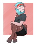 accessory anthro blue_hair bottomwear brown_body brown_fur clothed clothing cloven_hooves eyewear female fully_clothed fur glasses hair headband hooves shirt shorts sitting smile solo t-shirt topwear c-fed holly_day_(randomnutz) bovid caprine mammal sheep hi_res