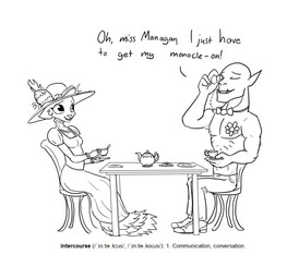 anthro beverage classy duo eyewear female food holding_eyewear holding_object male monocle side_view sitting tea text unknown_artist microsoft prequel_adventure the_elder_scrolls gharug_gro-upp katia_managan felid humanoid khajiit mammal orc english_text sketch
