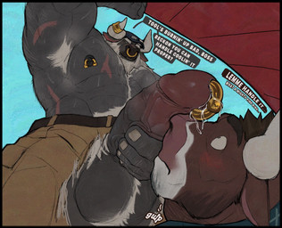 anthro armpit_hair armpit_tuft ball_tuft balls barbell_piercing beard belly_tuft belt big_penis black_border blush bodily_fluids body_hair border bottomwear brown_body circular_barbell_piercing clothed clothing dialogue duo erection eyebrows facial_hair facial_piercing genital_fluids genital_piercing genitals grey_body gulp_(sound_effect) hat headgear headwear holding_penis horn horn_jewelry horn_ring huge_penis jewelry male male/male muscular muscular_anthro muscular_male musk musky_armpit nipple_circular_barbell nipple_piercing nipples nose_piercing nose_ring open_bottomwear open_clothing open_pants pants penis penis_on_face penis_piercing piercing precum prince_albert_piercing pupils ring_(jewelry) ring_piercing scar septum_piercing septum_ring speech_bubble text thick_eyebrows topless tuft vein veiny_penis white_sclera marius_tygo blizzard_entertainment warcraft harb_freton bovid bovine cattle mammal english_text hi_res