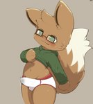 absurd_res anthro anthrofied belly blush bodily_fluids briefs bulge clothed clothing colored_seam_underwear detailed_bulge dripping eevee erection erection_under_clothing eyewear fisuku generation_1_pokemon genital_fluids genital_outline genitals glasses hi_res hoodie male navel nintendo penis_outline pokemon pokemon_(species) pokemorph precum precum_drip precum_through_clothing red_seam_underwear simple_background solo topwear two_tone_briefs underwear wet wet_clothing white_briefs white_clothing white_underwear