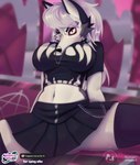 angry anthro big_breasts breasts butt clothed clothing female front_view fully_clothed hair inside long_hair low-angle_view pose sitting solo spread_legs spreading xpuppykittyzx helluva_boss loona_(helluva_boss) canid canine mammal hi_res pinup