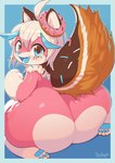 ambiguous_gender anthro big_butt blue_background blue_border blue_eyes blue_hair blue_highlights blue_nose blue_pawpads blue_tongue border brown_tail bubble_butt butt butt_focus canid canine canis circle_eyebrows claws cute_fangs dessert domestic_dog donut_(misterdonut) doughnut eyebrow_through_hair eyebrows food food_creature fur gradient_background hair happy hi_res highlights_(coloring) kemono keyhat_tk10 looking_at_viewer mammal neck_tuft open_mouth open_smile pawpads paws pink_body pink_fur simple_background sitting smile solo sprinkledog sprinkles tail tongue translucent translucent_hair tuft white_body white_fur white_hair