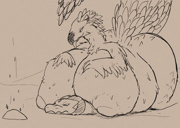 anthro belly big_belly big_breasts big_butt black_and_orange blep breast_smother breasts butt duo feathered_wings feathers female horn huge_belly nipples nude obese overweight size_difference smothering tail thick_thighs tongue tongue_out wings snapps capcom monster_hunter savak bird_wyvern kobold scalie seikret monochrome
