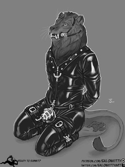 ankle_cuffs anthro balls barefoot bdsm bit_gag bound chastity_cage chastity_device clothing cuff_(restraint) feet gag gagged genitals halter hands_behind_back harness harness_bit_gag harness_gag leather lock male muzzle_(object) padlock pawpads paws penis restraints shackles simple_background skinsuit solo text thigh_cuffs tight_clothing salonkitty felid lion mammal pantherine 3:4 full-length_portrait portrait url