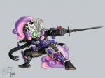 2014 4:3 anthro anthrofied blackmorass crossover dagger equid female final_fantasy final_fantasy_xiv friendship_is_magic green_eyes grey_background hair hasbro hi_res holding_object holding_weapon mammal melee_weapon multicolored_hair my_little_pony simple_background solo square_enix sweetie_belle_(mlp) two_tone_hair weapon