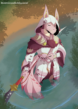 anthro armor bottomwear claws clothed clothing eyes_closed grass hood insect_glaive male melee_weapon mizutsune_armor mouth_closed multicolored_body pink_body plant river simple_background solo standing submerged_feet tail teeth topwear water weapon cosmic_noodle capcom monster_hunter mythology tyr_duskclaw_(character) fanged_wyvern mythological_creature mythological_scalie odogaron scalie digital_media_(artwork) hi_res shaded