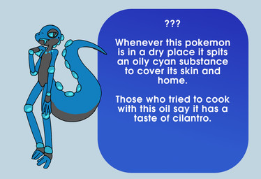 3_fingers ambiguous_gender anthro big_tail black_body black_skin blue_body blue_eyes blue_skin fingers goo_hair oil oiled_body pokedex_entry pseudo_hair slim slime solo tail text shy_fantasmita fakemon nintendo pokemon gecqua generation_10_pokemon pokemon_(species) reptile scalie 2026