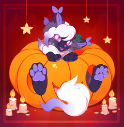 ambiguous_feral ambiguous_gender black_body black_fur candle dipstick_tail fangs feral food front_view fruit fur grey_body grey_fur jewelry looking_at_viewer markings necklace open_mouth open_smile pawpads pink_eyes plant pumpkin pupils purple_pawpads purple_tail purple_tongue simple_background smile solo tail tail_markings teeth tongue white_body white_fur white_pupils white_tail bloominglynx nintendo pokemon generation_5_pokemon generation_8_pokemon hisuian_form hisuian_zorua pokemon_(species) regional_form_(pokemon) species_request zorua absurd_res digital_drawing_(artwork) digital_media_(artwork) hi_res