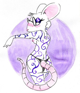 anthro big_ears black_clothing black_underwear blush breasts clothed clothing eyewear female glasses looking_back nipples pose rear_view side_boob solo tattoo topless underwear batty_(artist) stucky_o'reille mammal murid murine rodent 2020 hi_res painting_(artwork) pinup watercolor_(artwork)