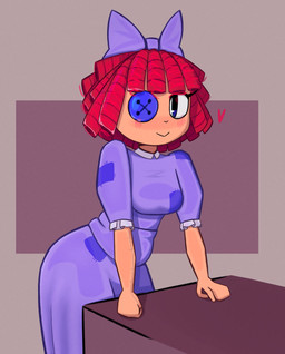 alternative_fashion bangs black_eyes blue_bow blue_clothing blue_dress clothed clothing doll dress female hair head_bow heart_symbol j-fashion lolita_(fashion) medium_hair not_furry rag_doll_(toy) red_hair simple_background slightly_chubby solo standing sweet_lolita higidu glitch_productions the_amazing_digital_circus ragatha_(tadc) animate_inanimate humanoid living_doll living_toy absurd_res hi_res