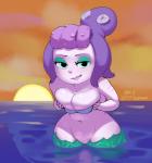 big_breasts blue_eyes breasts cleavage clothed clothing detailed_background female mantle_(mollusk) navel pseudo_hair pupils smile solo split_form sunset symbol-shaped_pupils tentacle_hair tentacles unusual_pupils water x_pupils bikupan cuphead_(game) cala_maria cephalopod coleoid humanoid marine merfolk mollusk octopodiform 2017