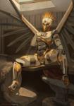 2019 anthro art_nouveau avian beak detailed_background digital_media_(artwork) feet female fingers genitals hi_res honovy machine nude philomela_smithwrought pussy red_eyes robot robot_anthro sitting solo text toes wings