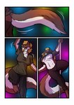 after_transformation anthro biobasher blonde_hair border breasts clothed clothing colored comic dancing eyes_closed female hair happy hi_res mammal mustelid musteline navel pole solo stoat stripper_pole tail true_musteline weasel white_border