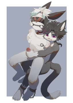 4_toes 5_fingers ankle_cuffs ankles_tied anthro balls bangs bdsm bell bell_collar bit_gag black_body black_ears black_fur black_hair black_nose black_tail blue_highlights bondage border bound cat_tail chained_together clamp claws collar cuff_(restraint) dipstick_ears dipstick_tail dominant dominant_male duo ear_markings erect_nipples erection eyebrows feet finger_claws fingers fur gag genitals grey_background hair handjob highlights_(coloring) humanoid_genitalia humanoid_penis inner_ear_fluff kemono licking licking_lips looking_down male markings multicolored_body multicolored_ears multicolored_fur navel nipple_fetish nipple_pinch nipple_play nipples nude on_lap penile penis pinch pink_nose ponytail purple_eyes purple_highlights questionable_consent red_collar red_inner_ear restraints rubbing_chest sex simple_background sitting sitting_on_another sitting_on_lap submissive submissive_male tail tail_markings teasing toe_claws toes tongue tongue_out tuft two_tone_body two_tone_fur white_body white_border white_eyebrows white_fur white_hair white_inner_ear white_inner_ear_fluff white_tail_tip young young_anthro young_male ningning domestic_cat felid feline felis lagomorph leporid mammal rabbit hi_res
