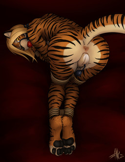 anthro anus ball_gag bdsm black_nose black_pawpads black_stripes blonde_hair colored_nails feline_ears female fur gag genitals hair looking_at_viewer nails orange_body orange_fur pawpads paws pink_anus raised_tail red_ball_gag red_nails rope solo stripes tail vulva vulva_pump yellow_eyes statik rena_(statik) felid mammal pantherine tiger 2026 hi_res