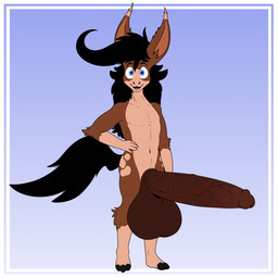 anthro balls big_balls big_penis black_hair blue_eyes border brown_body brown_fur fur genitals glans hair heavy_balls huge_balls huge_penis humanoid_genitalia humanoid_penis hyper hyper_balls hyper_genitalia hyper_penis long_ears long_hair male multicolored_body multicolored_fur nude nude_male penis slim smile solo tail vein white_border mirroidal equid equine horse mammal 1:1 hi_res
