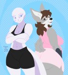 abstract_background anthro athletic athletic_wear bald big_breasts big_butt blue_eyes bottomwear breasts brown_eyes brown_hair butt cleavage clothed clothing crossed_arms duo eye_contact female grey_body hair huge_hips looking_at_another miniskirt non-mammal_breasts overweight purple_body rear_view shirt shorts skirt slightly_chubby tank_top thick_thighs topwear wide_hips conditional_dnp octavetothink canid canine canis colubrid domestic_dog herding_dog lampropeltini mammal pastoral_dog rat_snake reptile scalie snake welsh_corgi 2022 absurd_res digital_drawing_(artwork) digital_media_(artwork) hi_res lineless