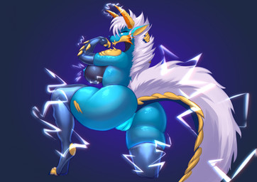 anthro areola big_butt biped blue_body blue_eyes breasts butt electricity female genitals multicolored_body nipples simple_background solo vulva sanfingulipunrapin capcom monster_hunter canid canine fanged_wyvern mammal zinogre hi_res