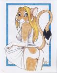 2006 absurd_res anthro blonde_hair bottomless breasts butt clothed clothing domestic_cat felid feline felis female hair hi_res lingerie looking_at_viewer mammal nipples pinup pose signature solo terrie_smith traditional_media_(artwork)