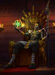 anthro black_body black_fur chair chest_tattoo clothed clothing dreadlocks egyptian egyptian_clothing egyptian_headdress fur furniture gold_(metal) gold_jewelry jewelry magic male muscular muscular_anthro muscular_male partially_clothed solo tattoo throne throne_room saltamor horus_wild felid lion mammal pantherine absurd_res hi_res