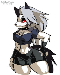 alternative_fashion angry anthro bottomwear breasts clothing collar eyebrows female fur gloves goth grey_body grey_fur grey_hair hair handwear long_hair looking_away punk raised_eyebrows red_eyes shirt shorts solo spiked_collar spikes tank_top thick_thighs tight_clothing topwear white_body white_fur wide_hips rohan_furries hellaverse helluva_boss mythology loona_(helluva_boss) canid canid_demon canine canis demon domestic_dog hellhound mammal mythological_canine mythological_creature wolf absurd_res aliasing digital_media_(artwork) hi_res