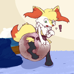 after_transformation ambiguous_gender anthro bed bedroom big_diaper black_body black_fur blush blush_lines bodily_fluids carpet clothed clothing diaper ear_tuft exclamation_point feces fur furniture genital_fluids green_eyes inside looking_down open_mouth orange_body orange_fur soiled_diaper soiling solo touching_diaper tuft unclean_diaper used_diaper wearing_diaper white_body white_fur yellow_body yellow_fur boredomwithfriends nintendo pokemon braixen generation_6_pokemon pokemon_(species) 1:1 2019 hi_res