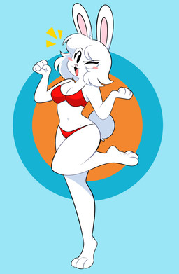 3_toes 4_fingers :3 ;3 anthro bar_emanata barefoot bikini bikini_bottom bikini_top biped black_eyebrows black_eyes blue_background blush blush_through_hair breasts cleavage clothed clothed_anthro clothed_female clothing cotton_tail emanata eyebrow_through_hair eyebrows eyelashes eyelashes_through_hair feet female female_anthro fingers front_view fur hair medium_breasts medium_hair navel on_one_leg one_eye_closed open_:3 open_mouth open_smile pink_blush pink_inner_ear pose raised_foot red_bikini red_bikini_bottom red_bikini_top red_clothing red_swimwear red_tongue round_tail simple_background smile solo standing swimwear tail three-quarter_view toes tongue translucent translucent_hair two-piece_swimsuit white_body white_ears white_fur white_hair white_tail wink yellow_emanata kabula_(artist) lagomorph leporid mammal rabbit 2020 absurd_res colored digital_drawing_(artwork) digital_media_(artwork) full-length_portrait hi_res portrait
