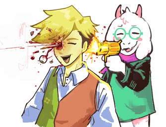 anthro blood blush bodily_fluids duo eyeball gore gun handgun hate_art male plant ranged_weapon revolver shooting_gun smile weapon muoi_art deltarune undertale_(series) flowery_(deltarune) ralsei elemental_creature elemental_humanoid flora_fauna humanoid plant_humanoid hi_res