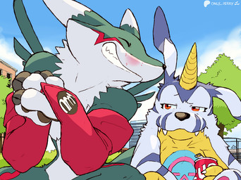 anthro armwear black_nose blue_body blue_fur blue_sky can claws clothed clothing container day duo finger_claws fur holding_can holding_container holding_object horn mostly_nude plant size_difference sky teeth tree white_claws yellow_body yellow_fingers yellow_horn dahecksajerry bandai_namco digimon fan_character digimon_(species) gabumon renamon