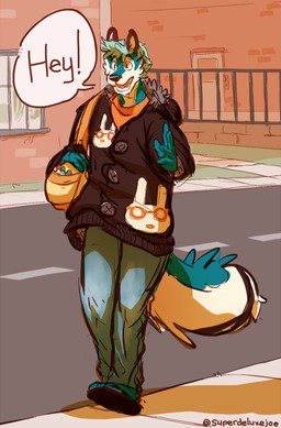 anthro big_tail bottomwear button_(fastener) clothing dialogue door eyewear fluffy fluffy_tail footwear gesture glasses greeting holding_bag hoodie male open_mouth pants purse_over_shoulder railing shirt shoes solo speech_bubble standing street sweater t-shirt tail text topwear waving joebluefox joe_(joebluefox) canid canine fox lagomorph leporid mammal rabbit english_text