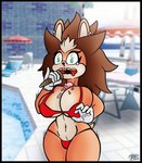 anthro big_breasts bikini bodily_fluids breasts buckteeth clothing dessert ear_piercing female food huge_breasts humor ice_cream mane piercing poolside screencap screencap_background shocked snot solo swimwear teardrop tears teeth two-piece_swimsuit skianous sega sonic_adventure sonic_the_hedgehog_(series) fan_character zamboni_(oc) lagomorph leporid lionhead_rabbit mammal rabbit shaded