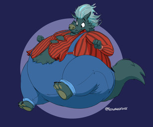 anthro belly belly_expansion belly_inflation biped black_body black_fur body_inflation button_(fastener) claws clothed clothing expansion fur grey_hair hair inflation looking_down looking_down_at_self male overalls solo straining_buttons text toe_claws redwardfoxie canid canine canis mammal wolf artist_name