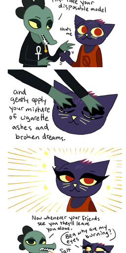 anthro bodily_fluids cigarette clothed clothing duo eyelashes eyeshadow fangs female fur green_body green_eyes green_scales greeting half-closed_eyes makeup narrowed_eyes open_mouth purple_body purple_fur red_eyes scales shirt simple_background tears teeth text topwear whiskers white_background unknown_artist night_in_the_woods bea_santello mae_borowski alligator alligatorid crocodile crocodilian domestic_cat felid feline felis mammal reptile scalie english_text hi_res source_request
