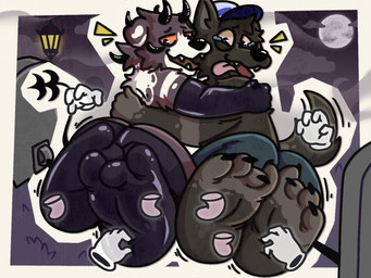3_toes 4_toes anthro black_nose bodily_fluids brown_body brown_fur cheek_tuft claws clothing disembodied_hand disembodied_tongue duo_focus facial_tuft feet foot_fetish foot_focus foot_lick fur fur_tuft group hat headgear headwear horn hug hugging_another licking male moon motion_lines multicolored_body multicolored_fur open_mouth open_smile orange_sclera smile tail tears tickle_fetish tickling tickling_feet toe_claws toes tongue tongue_out tuft white_body white_fur patugh canid canine canis domestic_dog mammal hi_res