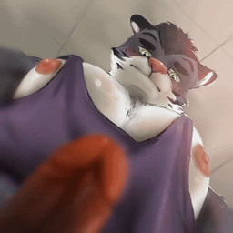 anthro big_muscles big_pecs black_hair blurred_foreground ceiling clothing fur genitals green_eyes hair huge_pecs humanoid_genitalia humanoid_penis lime_eyes low-angle_view male multicolored_body multicolored_fur muscular nervous nipples pecs penis pink_nose purple_clothing purple_shirt purple_tank_top purple_topwear selfie shirt solo tank_top topwear stampmats paradise edric(summer_paradise_fvn) felid mammal pantherine tiger 1:1 animated