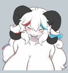 anthro big_breasts blue_hair breasts female fluffy fur hair happy horn huge_breasts hyper hyper_breasts kemono multicolored_body multicolored_fur red_hair solo white_body white_fur nekowyn maya_(soothingbells) bovid bovine caprine cattle goat hybrid mammal sheep absurd_res hi_res