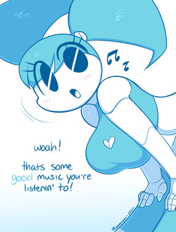 big_breasts blue_hair blush blush_lines breasts female hair happy leaning leaning_forward machine musical_note musical_symbol not_furry shocked solo symbol text white_body puppysnackz my_life_as_a_teenage_robot nickelodeon jenny_wakeman android humanoid robot 2024 english_text hi_res