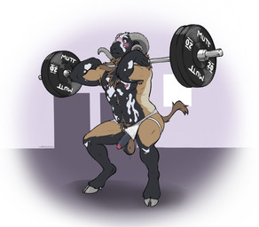 anthro balls barbell black_body black_fur blush bodily_fluids clothed clothing cloven_hooves crouching erection exercise foreskin fur genitals grey_body grey_fur grey_penis hooves horn humanoid_genitalia humanoid_penis jockstrap jockstrap_only male male_anthro muscular muscular_anthro muscular_male nipples penis pink_penis simple_background solo sweat tail tan_body tan_fur topless underwear underwear_only wardrobe_malfunction weightlifting white_body white_fur workout labradorszn bovid caprine mammal sheep 2025 hi_res