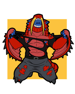 4_fingers anthro areola biceps big_teeth blue_areola blue_body blue_fingers blue_markings blue_mouth blue_nipples blue_pawpads blue_tongue bottomwear claws clothed clothing cute_fangs fangs fingers fur leaning leaning_forward male markings membrane_(anatomy) membranous_wings muscular muscular_anthro muscular_male nipples open_mouth pants pawpads red_body red_fur sabertooth_(anatomy) scales shirt simple_background solo spikes spikes_(anatomy) spines tail teeth tongue topless topless_anthro topwear wings duqueofdingos capcom european_mythology monster_hunter mythology duquedingo_(character) barioth dragon flying_wyvern mammal mythological_creature mythological_scalie scalie western_dragon wyvern absurd_res digital_media_(artwork) hi_res