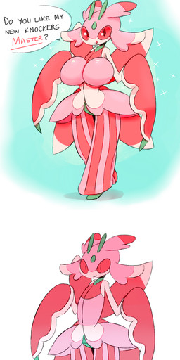4_wings antennae_(anatomy) anthro ball big_breasts biped blade_arm bowling_ball breast_expansion breasts compound_eyes dialogue expansion fake_breasts female flat_chested huge_breasts humor insect_wings looking_at_viewer markings master multi_wing multicolored_body non-mammal_breasts open_mouth ownership pink_body pink_eyes pink_sclera pink_wings pseudo_clothing pseudo_pupils question question_mark simple_background solo speech_bubble standing striped_body stripes text wings yes-no_question unknown_artist nintendo pokemon arthropod generation_7_pokemon insect lurantis pokemon_(species) 2018 comic digital_media_(artwork) english_text hi_res