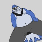 arm_on_leg belly big_belly bottomwear bulge clothing feathers foreshortening looking_down muscular pants tail xcoreus avian bird blue_jay corvid jay_(bird) new_world_jay oscine passerine 1:1 absurd_res cel_shading hi_res shaded