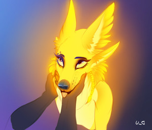 4_ears ambiguous_gender anthro barbell_piercing black_nose blep blue_eyes duo eyebrow_piercing facial_piercing female fur glowing glowing_body glowing_fur makeup multi_ear nude nude_female piercing tongue tongue_out whisker_spots yellow_body yellow_fur discreet_user mylar_(discreet_user) canid canine fox fyre_fox mammal 2022