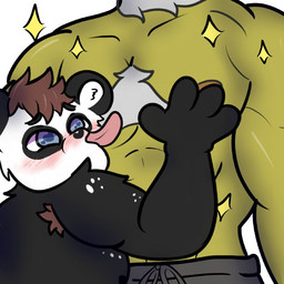 armpit_hair black_body black_fur blue_eyes body_hair brown_hair chest_hair duo fur green_body hair heart_eyes heart_symbol licking licking_pecs love male male/male multicolored_body multicolored_fur nipples tongue tongue_out white_body white_fur mjinoct1 azure_(pupblueslut) torug_(pupblueslut) bear giant_panda mammal orc 1:1