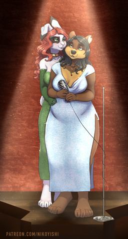 anthro armwear barefoot big_breasts black_nose blush breasts brown_body brown_fur claws cleavage clothed clothing collar dress duo elbow_gloves electronics evening_dress evening_gloves evening_gown eyeshadow feet female female/female fur glistening glistening_body glistening_skin glitter gloves hair handwear jewelry karaoke makeup microphone microphone_stand necklace open_mouth overweight overweight_female pendant red_hair singing smile sparkles stage stage_lights teeth text toe_claws white_body white_fur wide_hips conditional_dnp nikoyishi bear lagomorph leporid mammal rabbit 2020 digital_media_(artwork) hi_res shaded url