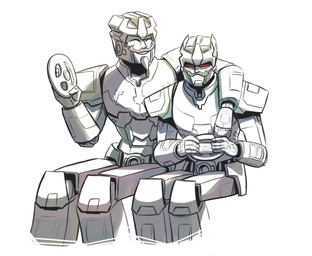 annoyed controller duo facial_hair game_controller goatee machine male muscular mustache not_furry open_mouth red_eyes simple_background sitting smile white_background parallelpie hasbro nintendo takara_tomy transformers wii dominus_ambus minimus_ambus humanoid living_machine robot 2016 digital_media_(artwork) brother_(lore) brothers_(lore) sibling_(lore)