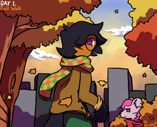 anthro autumn beak belt bench black_body black_feathers black_hair bottomwear brown_clothing brown_jacket brown_topwear checkered checkered_clothing checkered_scarf cigarette cigarette_in_mouth city city_background clothed clothing cloud detailed_background duo ear_piercing evening eyewear falling_leaves feathers female fully_clothed fur glasses green_bottomwear green_clothing green_pants hair hoodie jacket male object_in_mouth open_clothing open_jacket open_topwear orange_body orange_feathers outside pants park park_bench pattern_clothing pattern_scarf piercing pink_eyes pink_hair plant purple_eyes red_clothing red_hoodie red_topwear scarf sky sunset topwear tree wearing_glasses white_body white_fur percybird liz_(percybird) percy_(percybird) avian bird eurasian_bullfinch finch mammal mouse murid murine oscine passerine rodent true_bullfinch 2025 cel_shading clip_studio_paint_(artwork) colored digital_drawing_(artwork) digital_media_(artwork) hi_res shaded signature