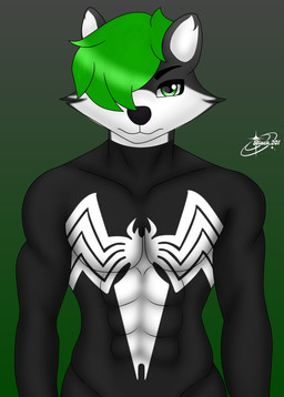 abs anthro athletic athletic_male black_body black_clothing black_nose black_suit clothing front_view green_eyes green_hair hair hair_over_eye male muscular muscular_male solo suit white_mouth blacksun201 marvel venom_(marvel) canid canine canis mammal wolf absurd_res hi_res watermark